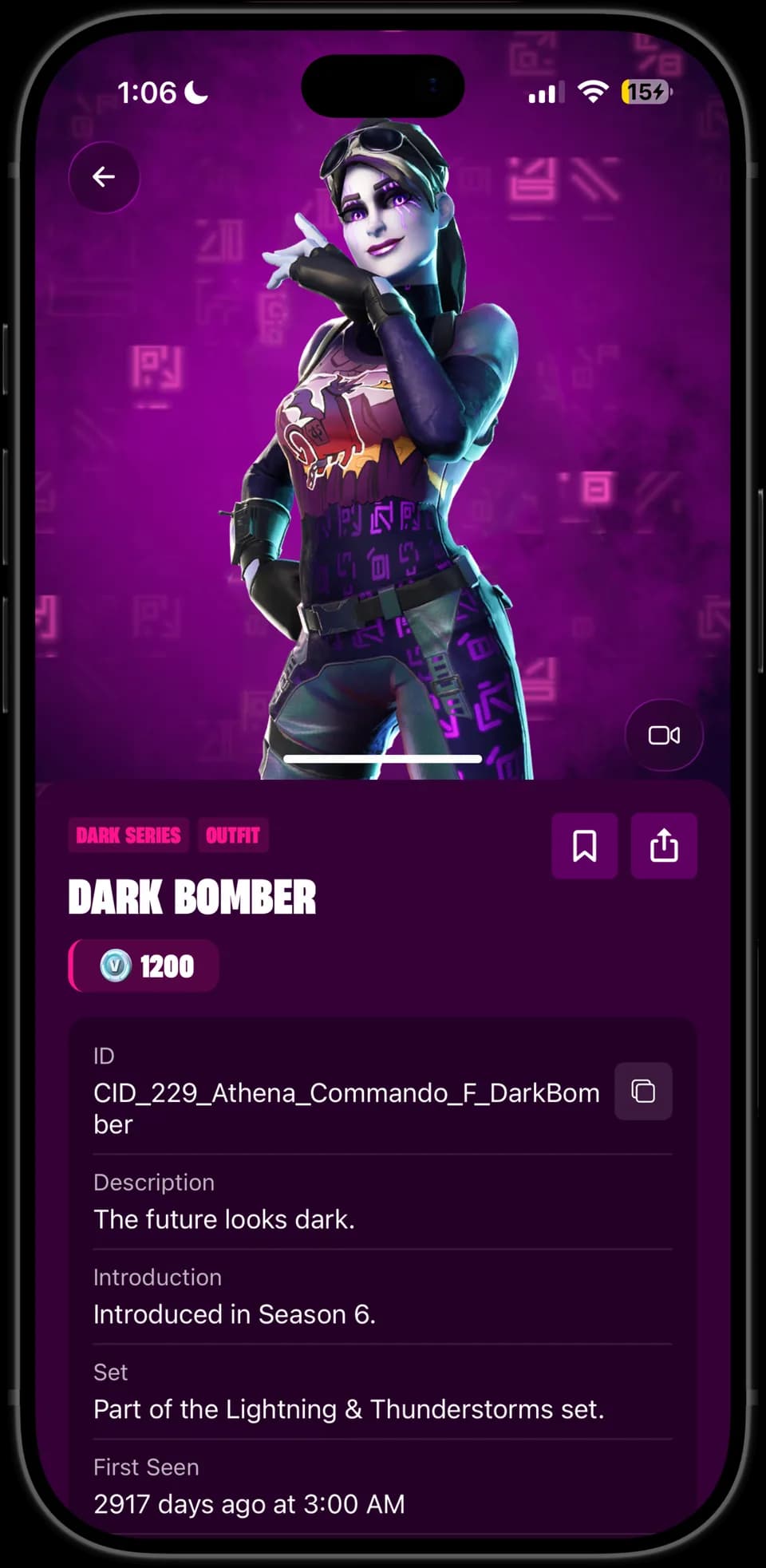 Rifted item page for the Dark Bomber outfit